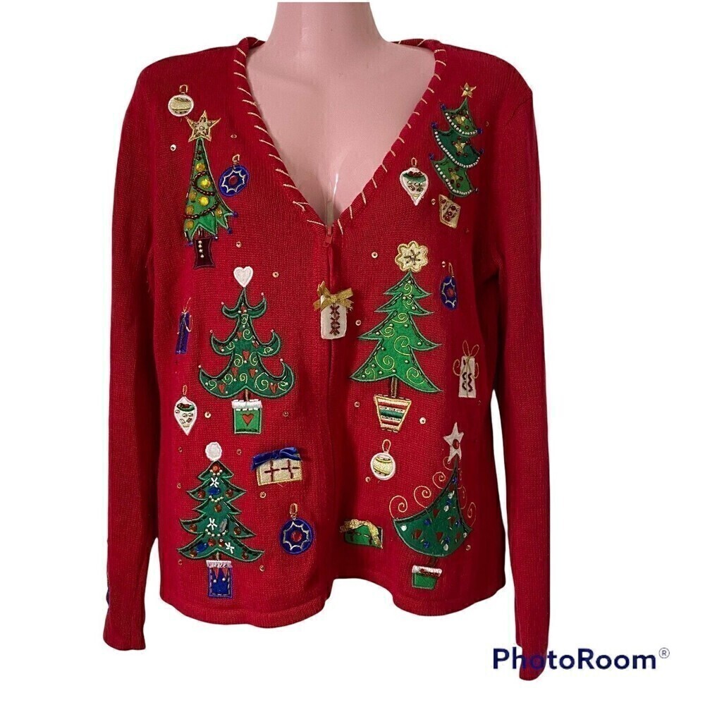 Tiara International Christmas Sweater Small Trees Presents Ornaments Red